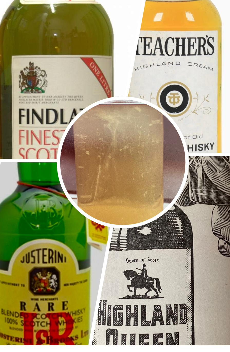 Whisky in a glass, clouded by chill haze.