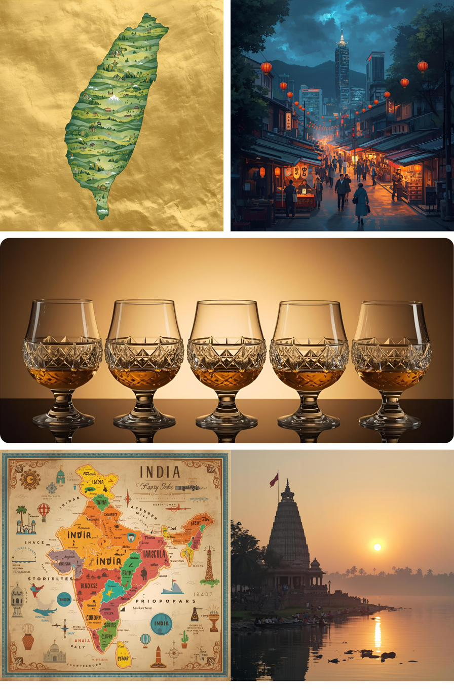 A composite of Taiwan and India: maps of both countries, a lit street at night, a temple at sunset, and a row of glasses of whisky.