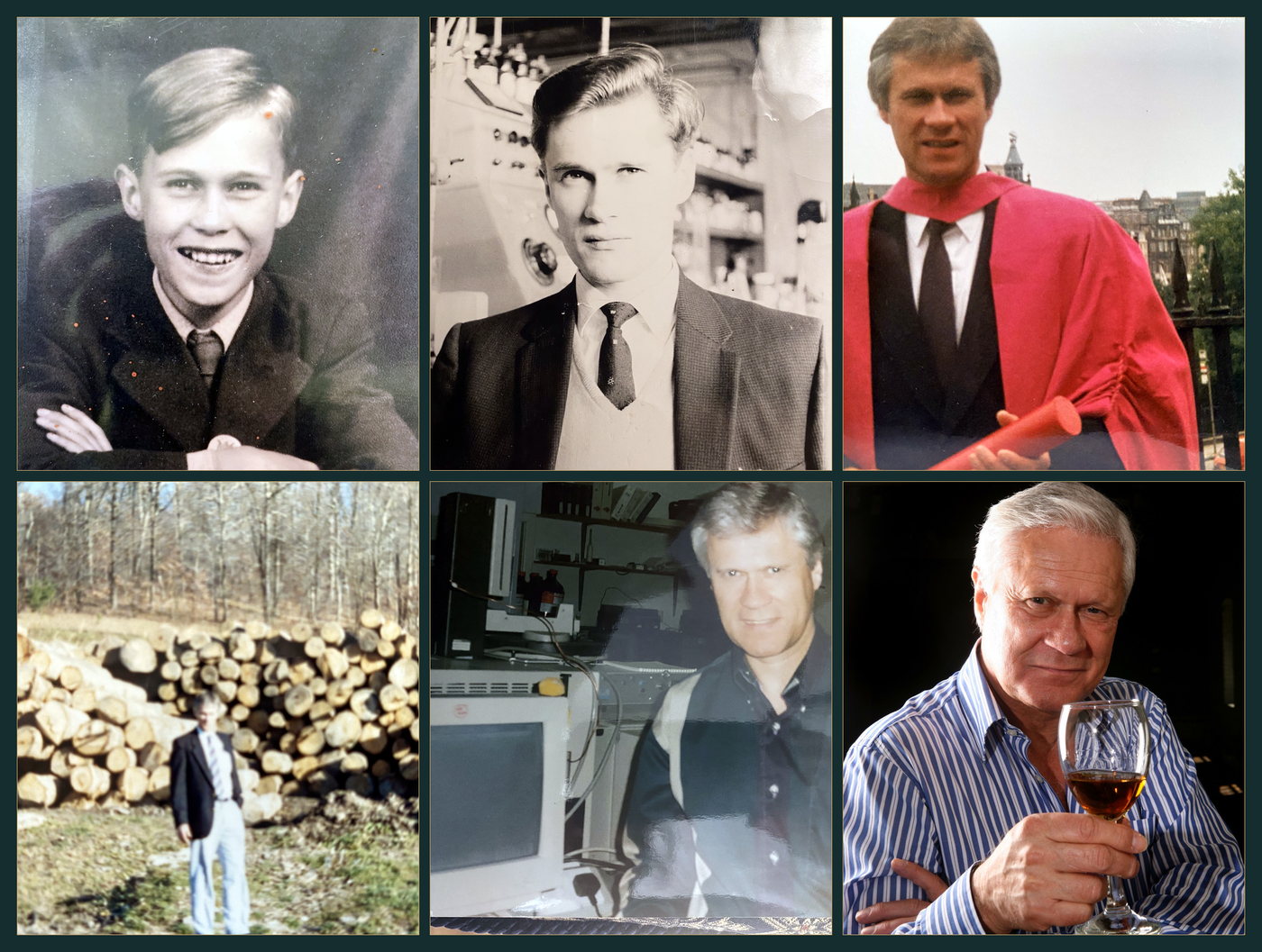 Six photographs of Jim Swan across his working life. Top row: as a schoolboy with his arms folded, as a young chemist in a laboratory, and in doctoral robes in Edinburgh. Bottom row: in front of a stack of felled oak, at laboratory instruments, and holding a glass of whisky up to the light.